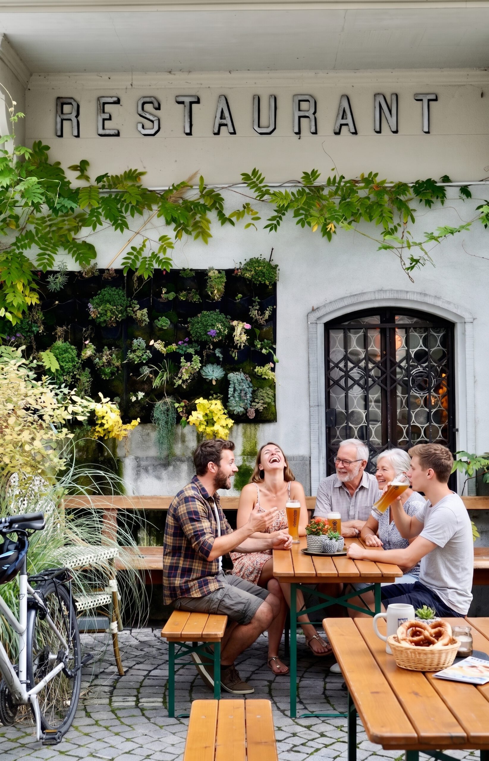 Gäste sitzen in einem begrünten Innenhof